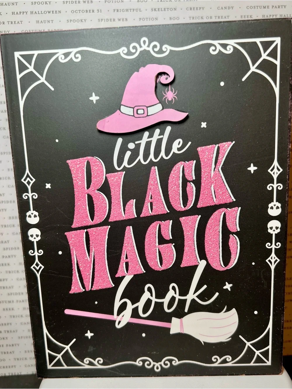 Little Black Magic Book Wooden Decor - Pink & Black Halloween Library Bookstore